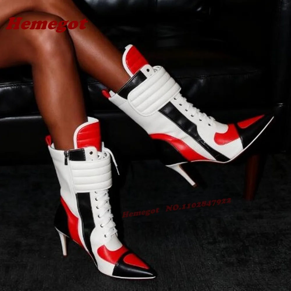 Yellow Black Patchwork Motorcycle Boots Pointy Toe Stiletto Heels Splicing Women's Ankle Boots Side Zipper Hook and Loop Shoes