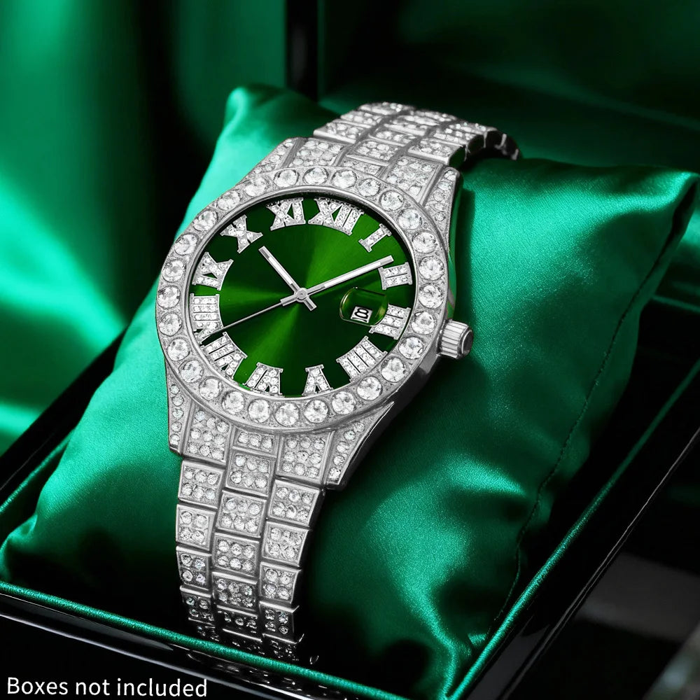 Men's Hip-Hop Watch Retro Quartz Watch, Oversized Rhinestone Dial and Durable Stainless Steel Strap, Suitable for Men