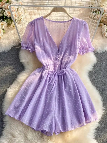 2025 Summer Women Playsuit Polka Dot See Through Thin Beach Rompers Sexy V-neck Short Sleeve Drawstring Sash Slim Waist Overalls