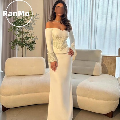 Ranmo Luxury Beading Pearls Evening Dress Customized Full Sleeve  Sweetheart Mermaid Formal Party Dress Off Shoulder Prom Gown