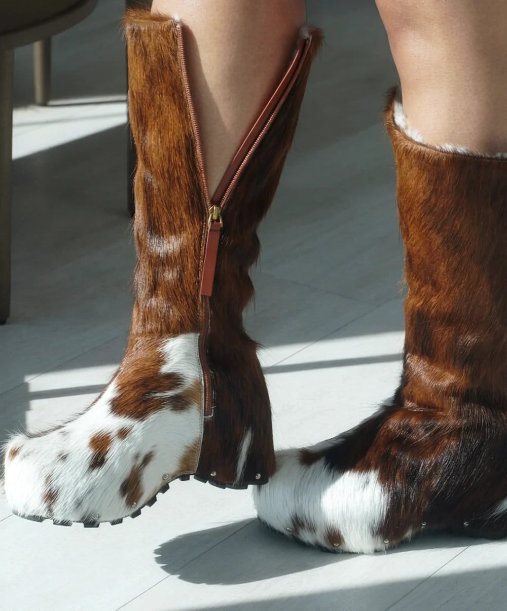 Western Style Side Zip Closure Print Tall Boots Brown White Cow Knee High Boots Metal Rivets Round-Toe Height-Increasing Design