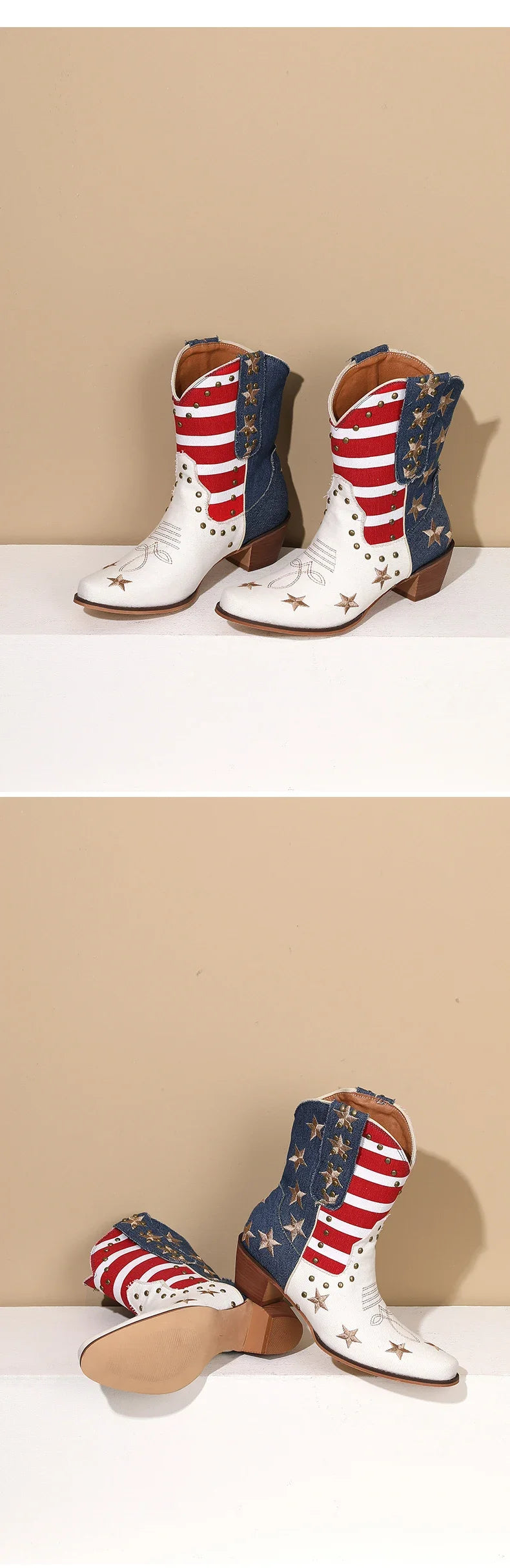Western Women Cowboy Ankle Boots Denim Embroidery Star Rivet Warped Pointed Toe High Heels American Cowgirl Vintage Short Boots