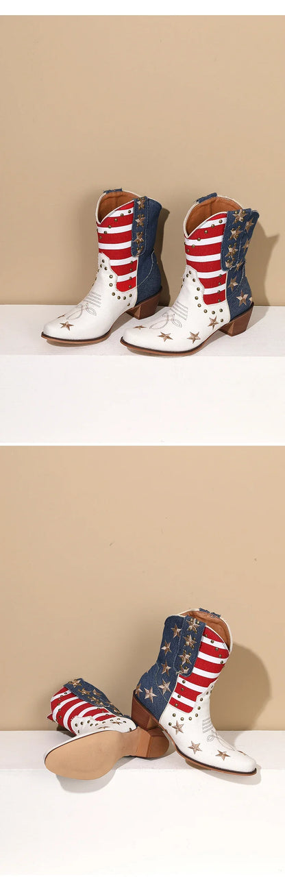 Western Women Cowboy Ankle Boots Denim Embroidery Star Rivet Warped Pointed Toe High Heels American Cowgirl Vintage Short Boots