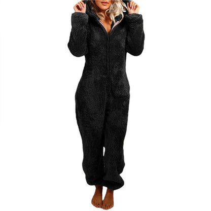 Women Winter Warm Plush Romper Pajamas Solid Color Long-Sleeve Zipper High Neck Hooded Homewear S/M/L/XL/2XL
