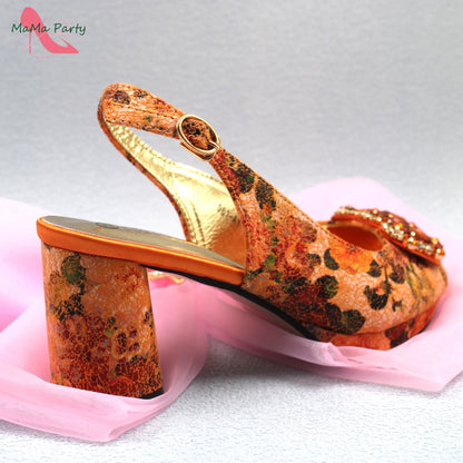 2024 Mature Style High Quality Comfortable Heels Italian Women Shoes and Bag Set with Shinning Crystal in Yellow Color