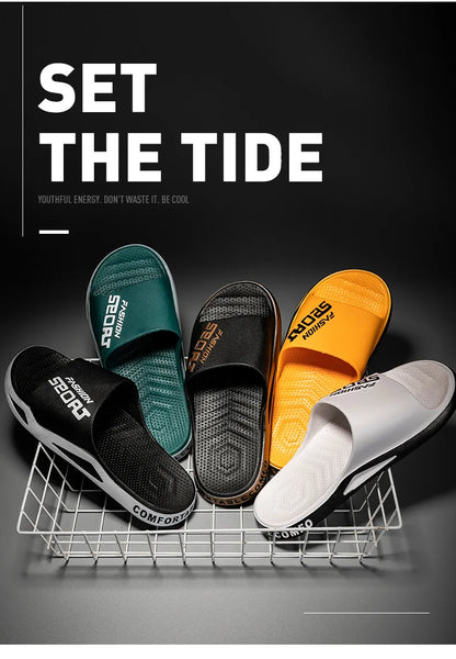 Men's Letter Print Slide Sandals Color Block Thick Sole Sport Slippers 2026