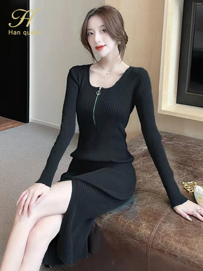 H Han Queen Sheath Pencil Dress Women Simple Zipper Sexy Split Elastic Knitted Sweater Autumn Casual Bottoming Party Dresses