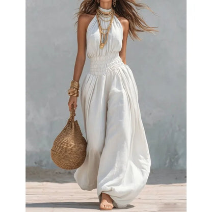 Summer Sexy Halter Sleeveless Pleated Jumpsuit Women Fashion Solid Elastic Waisted Wide Leg Jumpsuit Casual Loose Rompers Street