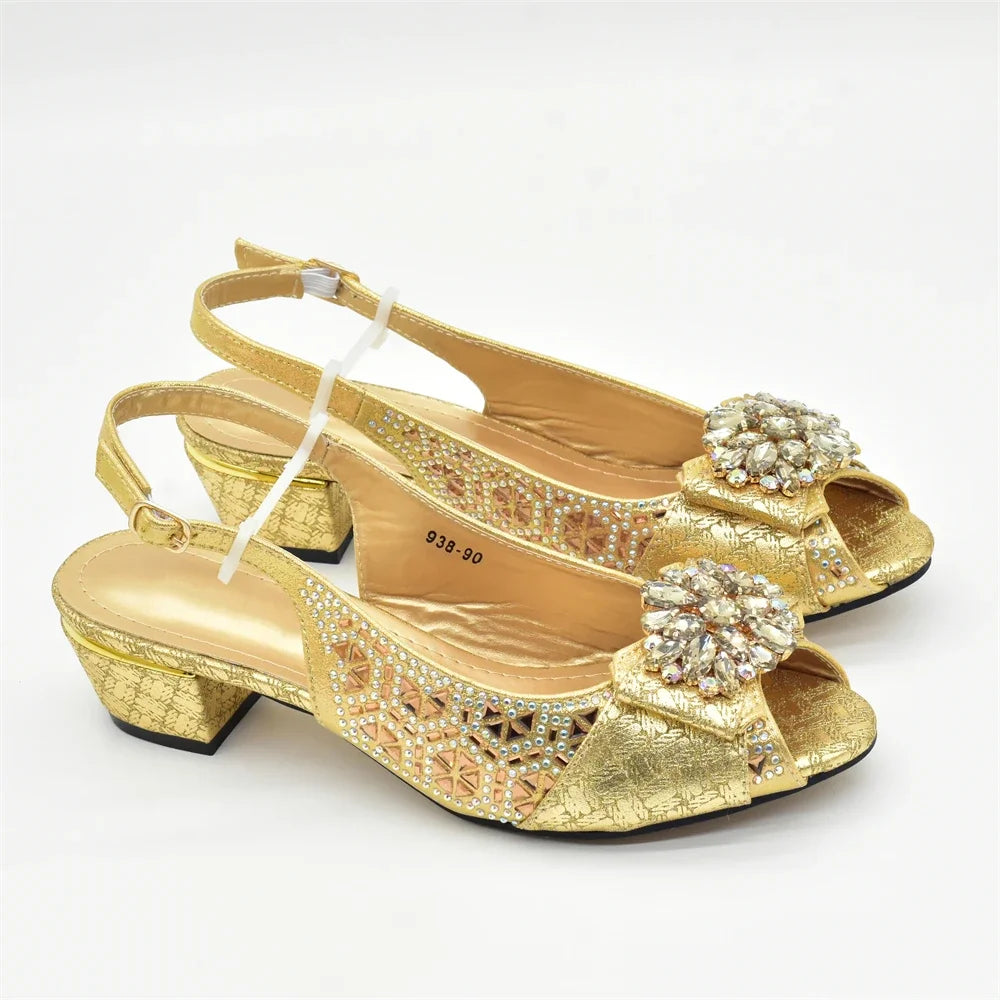 Latest Gold Shoe and Bag Set Women Italian Decorated with Rhinestone African Women Wedding Shoes Bride Plus Size Women Pumps 43
