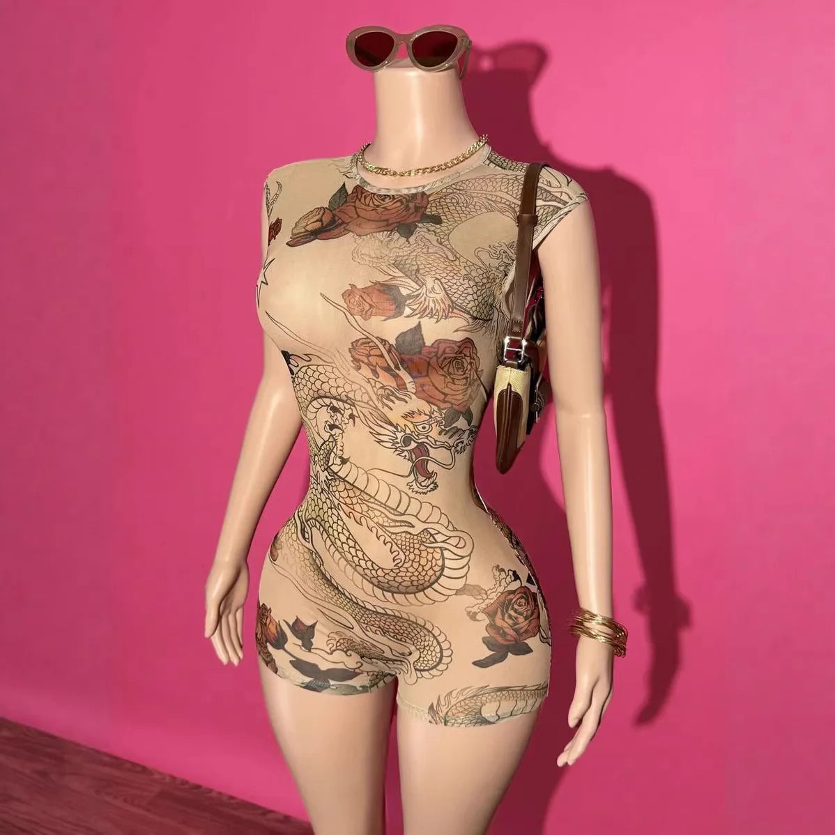 STYLISH LADY Sexy Dragon Rose Tattoo Print Mesh Romper 2026 Summer Women Backless Slim Fit Clubwear One Piece Shorts Jumpsuits