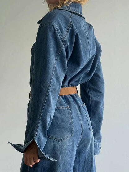 Casual Denim Long Jumpsuits Women Lapel Long Sleeves Zipper Belts Loose Pants Bodysuits Female 2026 Autumn New Chic Streetwears