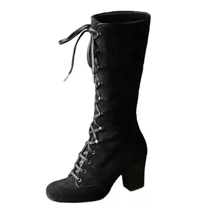2024 Medieval Women's Casual Riding Boots Winter Lace Up Suede Long Tube Knight Boot Female High Heel Cowboy Shoes Mid-Calf Sexy
