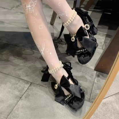 Sweet Lolita Women High Heels Luxury Designer Court Style Velour Bowknot Princess Dress Shoes Elegant