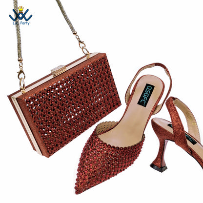 Dark Purple Spring Autumn Pointed Toe Square Heel Shoes and Bag Set For Nigerian Women Wedding Party