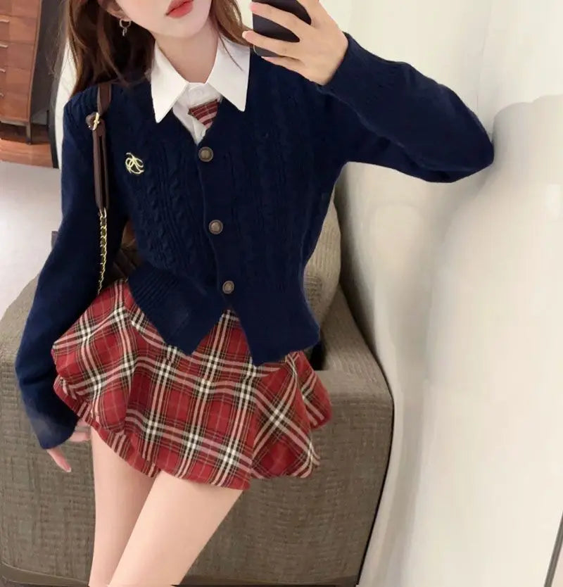 2025 improved cute sexy korea jk suit women autumn jk school uniform women shirt plaid pleated half skirt fashion two-piece set