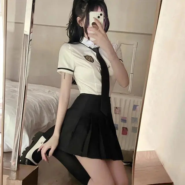 2025 improved daily jk uniform summer new white short/long sleeve shirt + pleated skirt jk uniform two-piece set for women w237