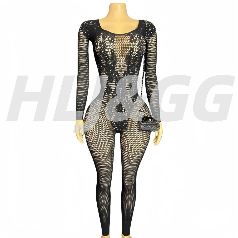 HLJ&GG Black Sexy High Quality Stretchy Knit See Though Bodycon One Piece Jumpsuits Women Long Sleeve Slim Playsuits Streetwear
