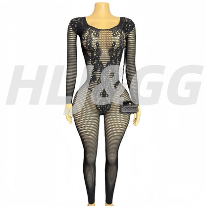 HLJ&GG Black Sexy High Quality Stretchy Knit See Though Bodycon One Piece Jumpsuits Women Long Sleeve Slim Playsuits Streetwear