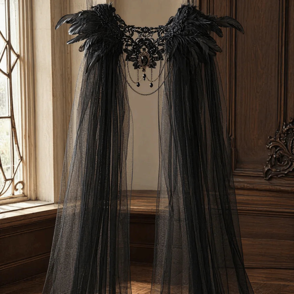 Black Halloween Feather Cloak Elegant Mesh Fringe Hollow Lace Mesh Cape Fur Collar Flowing Festival Costume Cape Gothic Carnival