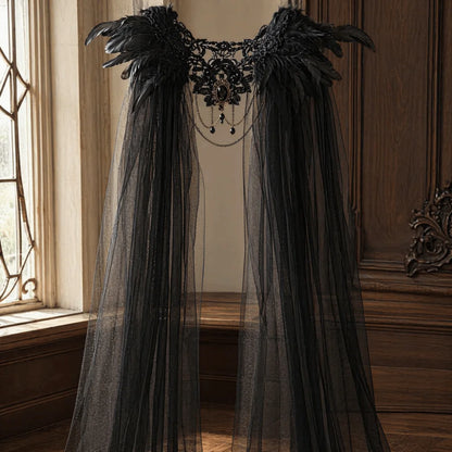 Black Halloween Feather Cloak Elegant Mesh Fringe Hollow Lace Mesh Cape Fur Collar Flowing Festival Costume Cape Gothic Carnival