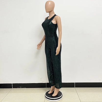 Bling Bling Sequined Club Jumpsuit Sexy Women O-neck Elegant Shiny Sliver Gold Sequins Straight Romper Overalls