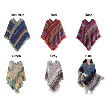Coat Overlays Winter Warm Mongolian Poncho Striped Polyester Knitting Wraps Ethnic Style Pullover Tassel Shawl Women Fashion
