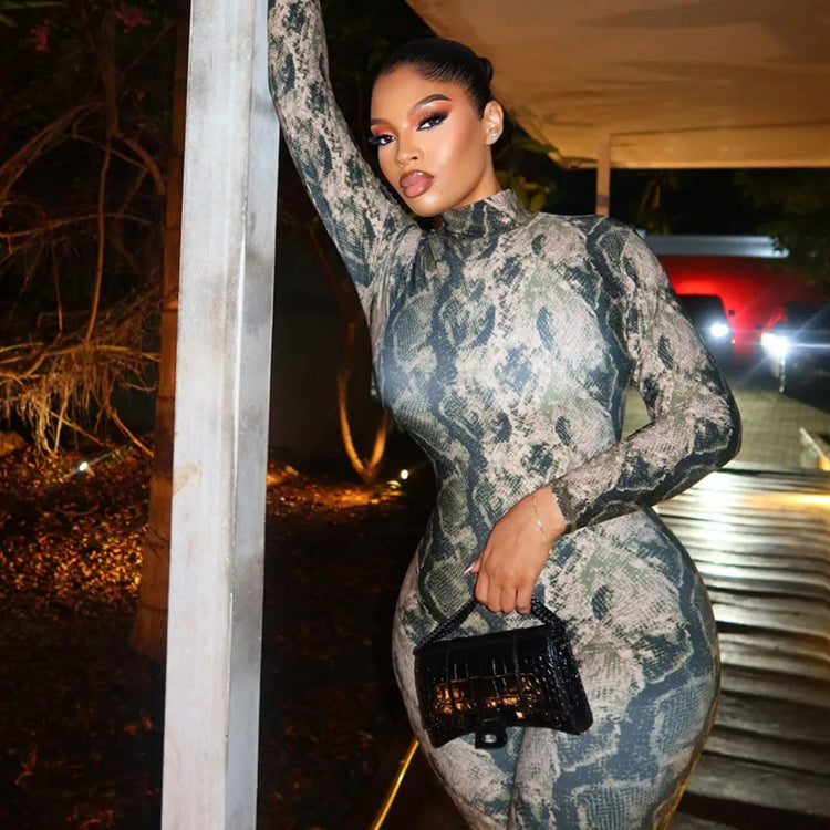 FLARORA Vintage Serpentine Printing Jumpsuits Woman Trend Turtleneck Full Sleeve Skinny Peach Hip Night Party Clubwear Overalls