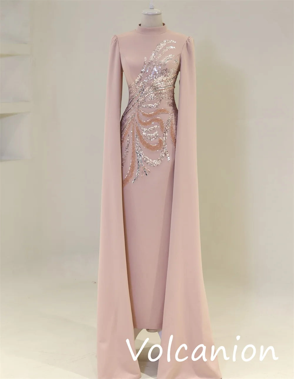 Customized Modern Style Jersey Sequined Straight High Collar Midi Dresses Bespoke Occasion Exquisite