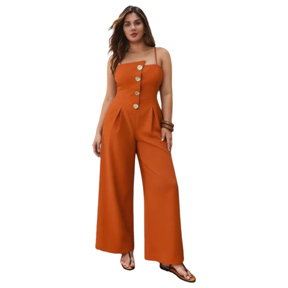 Plus Size Square Neck Spaghetti Strap Wide Leg Button Orange Jumpsuit Romper For Office & Party Women