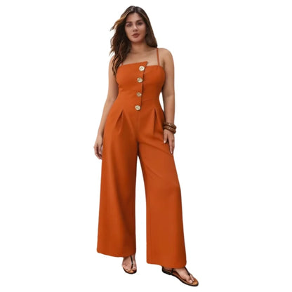 Plus Size Square Neck Spaghetti Strap Wide Leg Button Orange Jumpsuit Romper For Office & Party Women