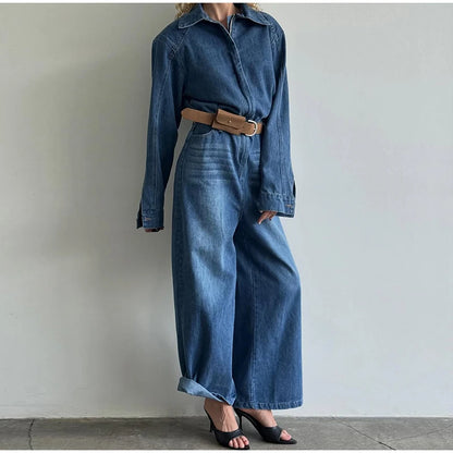Casual Denim Long Jumpsuits Women Lapel Long Sleeves Zipper Belts Loose Pants Bodysuits Female 2026 Autumn New Chic Streetwears