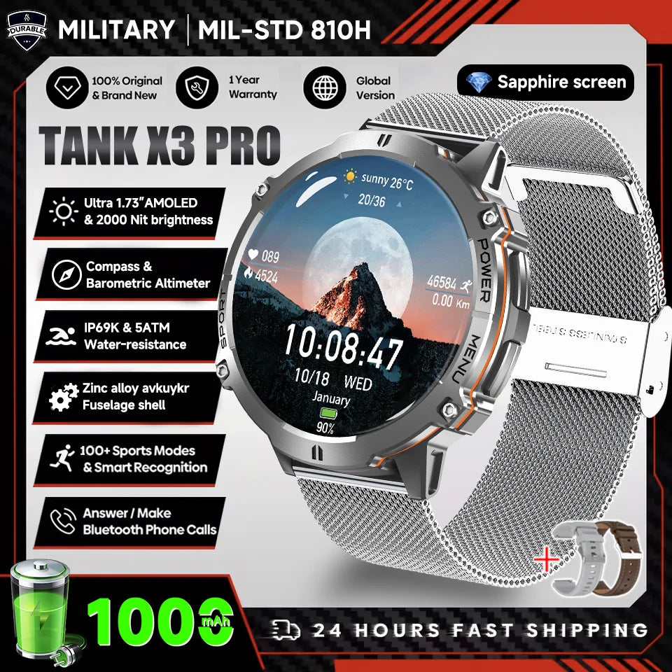 2026 New Military TANK X3 1000mAh Battery Smart Watch Men 10ATM Waterproof Swim GPS Path 1.75" AMOLED HD Call Sports Smartwatch