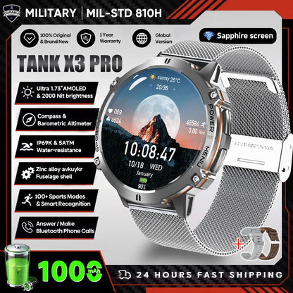 2026 New Military TANK X3 1000mAh Battery Smart Watch Men 10ATM Waterproof Swim GPS Path 1.75" AMOLED HD Call Sports Smartwatch