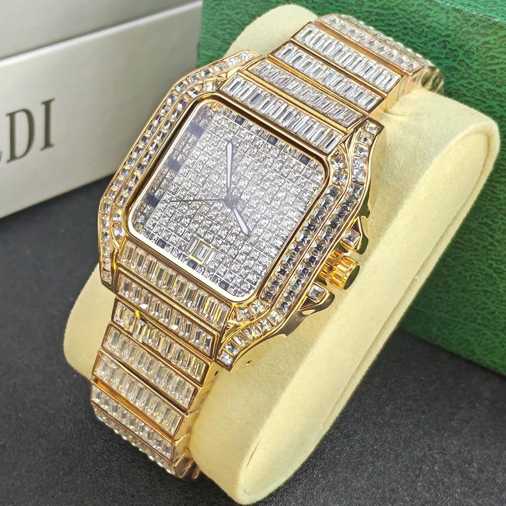 Silver Square Diamond Quartz Watch Men Luxury Brand Stainelss Steel Fashion Timepiece Novelty Design Ice Out Bling AAA Watch
