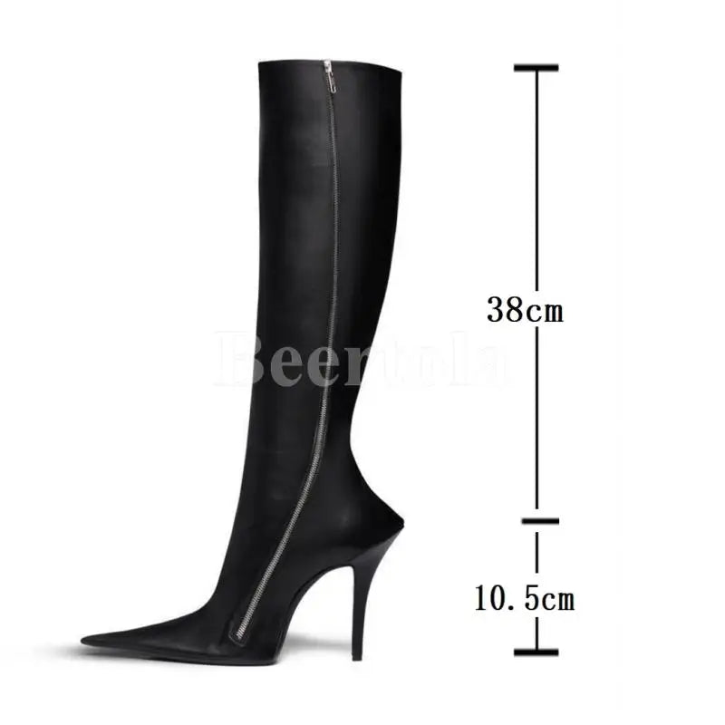 Black Leather Pointed Toe Ankle Boots Woman High Heels Stiletto Side Shaped Zipper Knee-High Boots Lady Sexy Boots