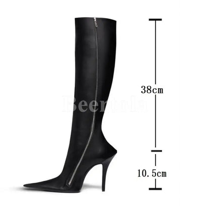 Black Leather Pointed Toe Ankle Boots Woman High Heels Stiletto Side Shaped Zipper Knee-High Boots Lady Sexy Boots