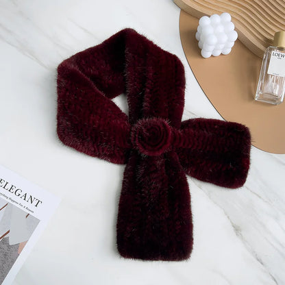 Real Fur Warm Scarf for Women Cross Style One Flower Knitted Design New Fashion Mink Fur Neck Warmer Winter Accessories Scarves