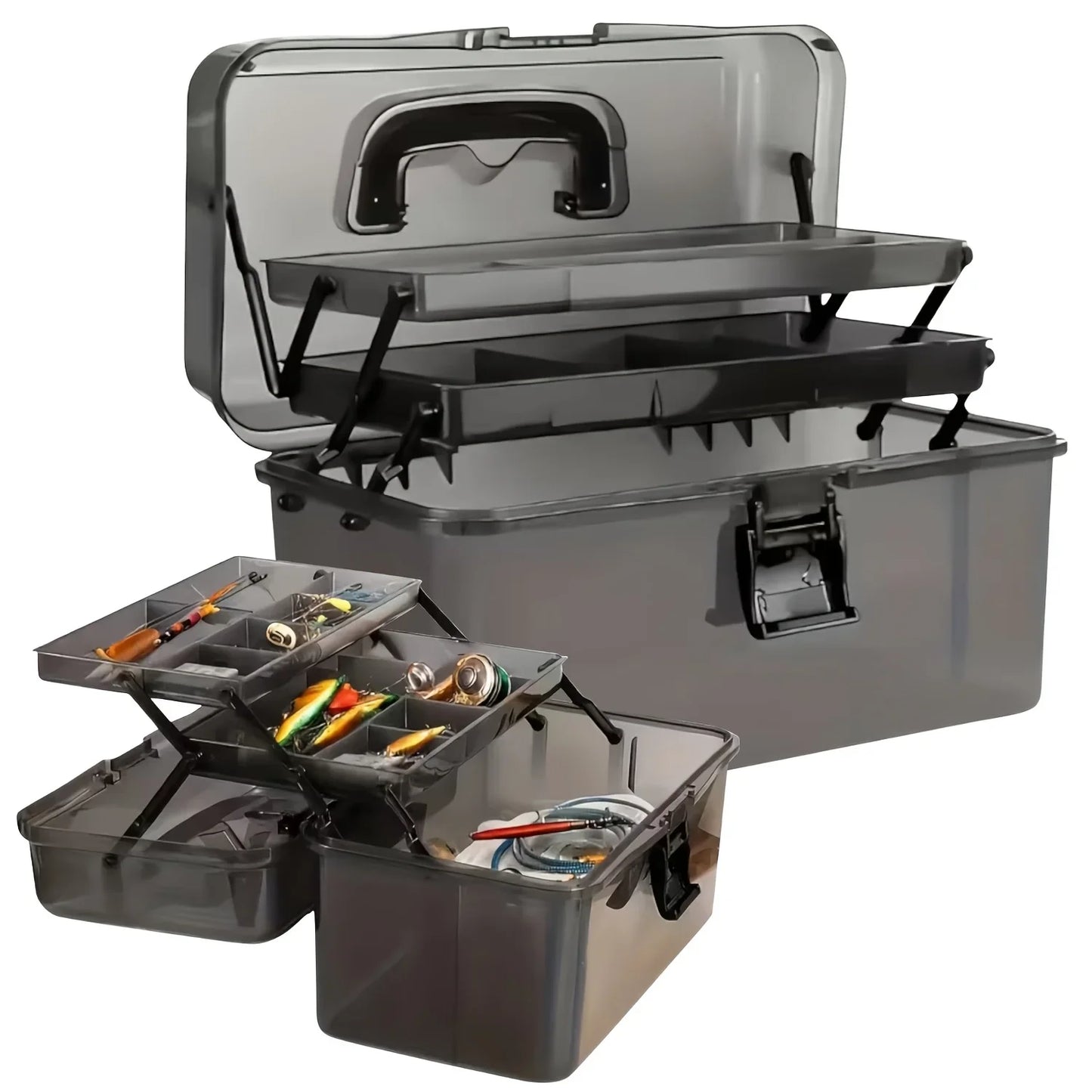 Durable PE Fishing Gear Box | Large Capacity, Black Transparent Design | Built-in Lock, Heavy-duty