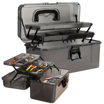 Durable PE Fishing Gear Box | Large Capacity, Black Transparent Design | Built-in Lock, Heavy-duty