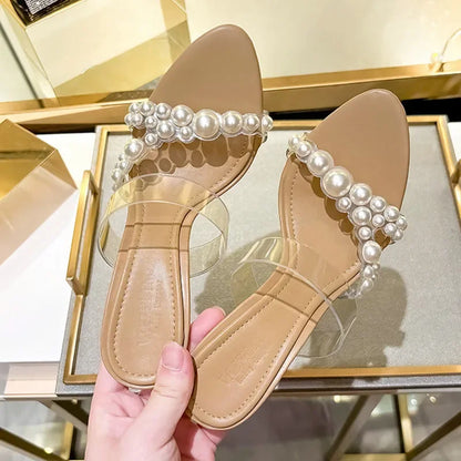 Luxury Brand Design String Bead PVC Transparent Slippers Women Summer High Heels Sandalias Fashion Open Toe Party Slide Sandals