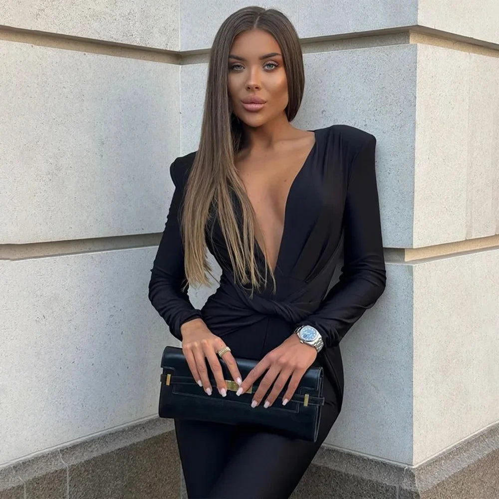 2025 Spring Deep V Neck Long Sleeve Skinny Jumpsuits Women Rompers Elegant Black High Waist Ruched Slim Sexy Jumpsuit Outfits