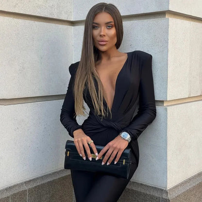 2025 Spring Deep V Neck Long Sleeve Skinny Jumpsuits Women Rompers Elegant Black High Waist Ruched Slim Sexy Jumpsuit Outfits