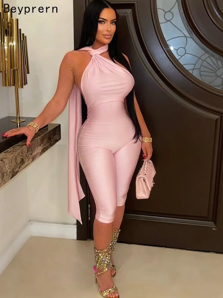 Beyprern Elegant Pink Halter Backless Jumpsuits for Women Sexy Bodycon Jumpsuit Club Party Night Outfits Rompers 2026