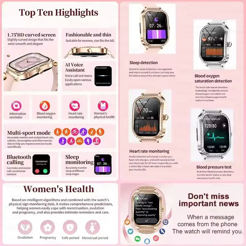 New Fashion Women's Smart Watch Heart Rate 1.75 Inch 240*296 HD Screen Diamond Watch Bluetooth Call Waterproof SmartWatch Ladies