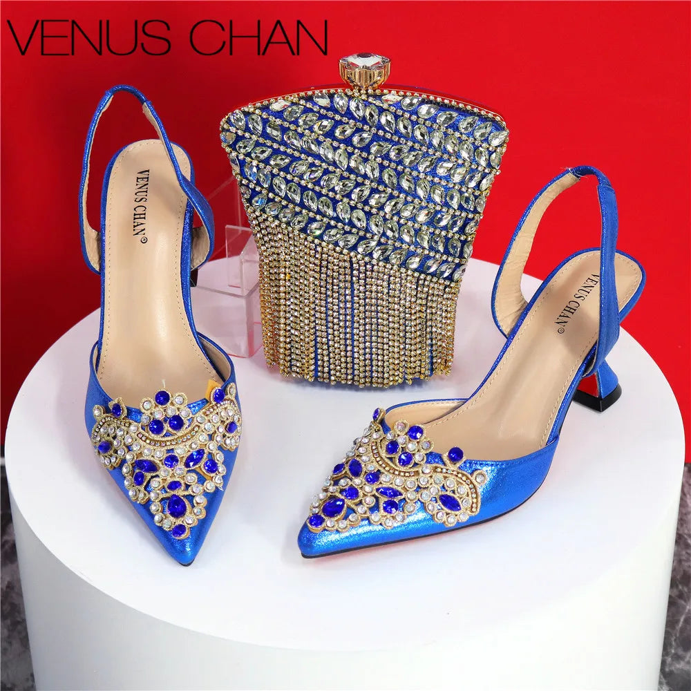 Exquisite 2024 Elegant Woman High Heels Peep Toe Shandals with Rhinestone Italian Design Shoes and Bags Set for Party
