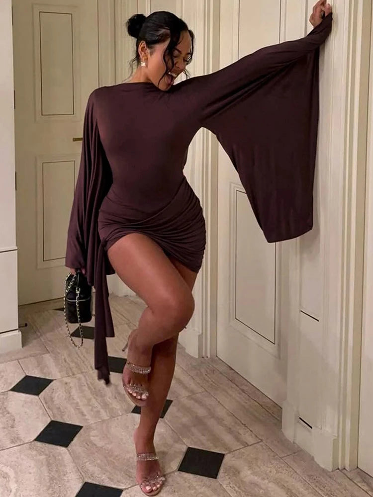 Weird Puss Ruched Elegant Playsuit Woman O-Neck Backless Batwing Collar Skinny Peach Hip Midnight Club Party Sexy Fashion Romper
