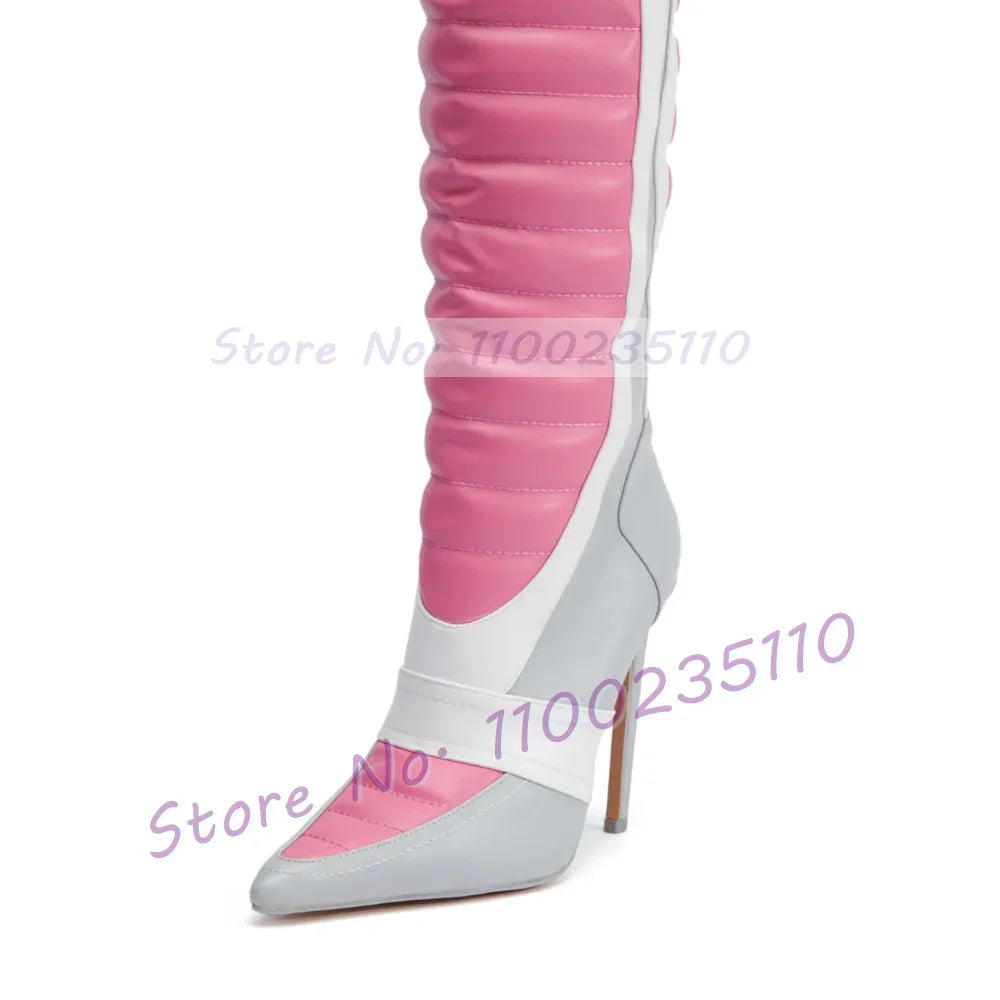 Pink Colorblock Stiletto Mid Calf Boots Women Novelty Pointed Toe Side Zipper Shoes Female Streetwear High Heels Biker Boots