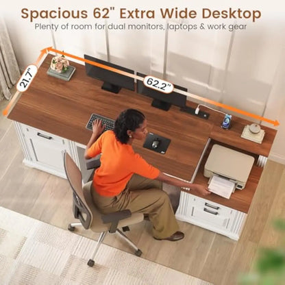 Farmhouse Executive Desk 62 Inch Wide with Integrated Power Hub 4 AC Outlets 2 USB Ports Spacious Work Surface 21.7 Depth 29.5 H