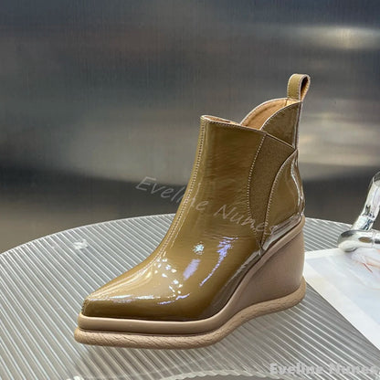 Fashion Height Increasing Wedges Ankle Boots Women Pointed Toe Platform Slip On Solid Leather Boots 2025 Simple Comfortable Boot