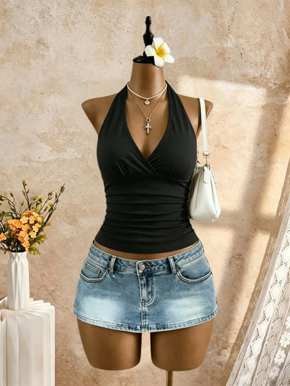 Women Halter Deep V Cross Wrap Side Ruched Slim Crop Camisole 2026 Summer Y2K Solid White Sleeveless Casual Daily Tank Top